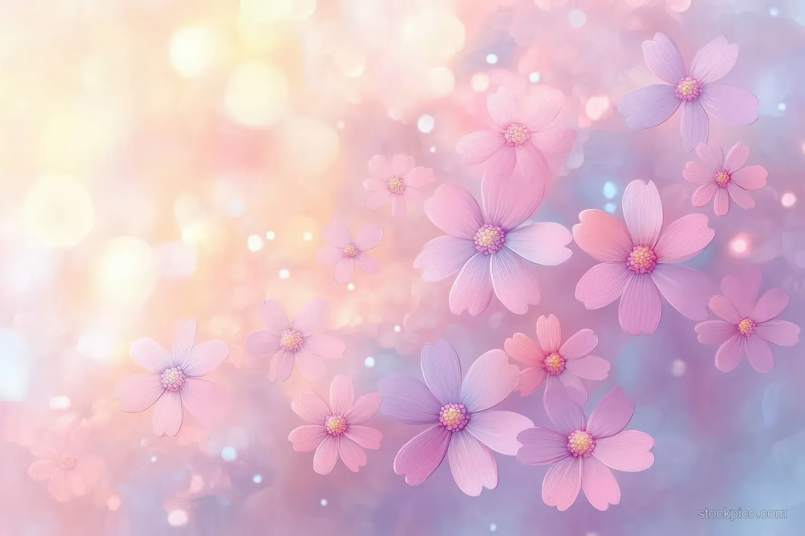 Pastel pink and blue flower petals and blossoms drift across a soft gradient background with glowing bokeh lights.