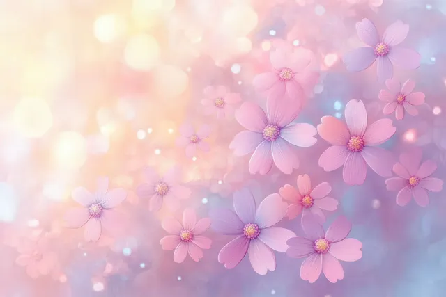 Pastel flower petals with dreamy bokeh glow on soft gradient background