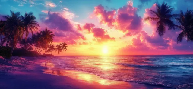 Tropical beach sunset with palm silhouettes over ocean waves and glowing golden-purple sky