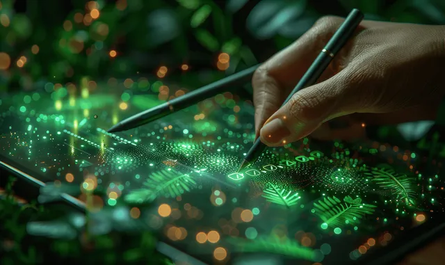 A hand writes on a tablet while glowing checkmarks and data nodes appear around the screen.