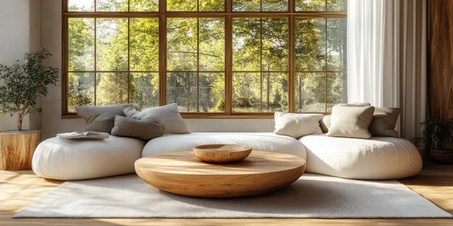 Top-down view of a minimalist Scandinavian living room with an empty sofa, round wooden coffee table, and sunlit windows.