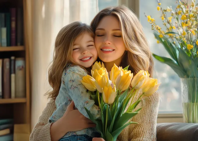 Mother hugs child indoors, holding a yellow tulip bouquet near sunlit window