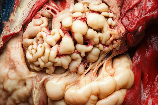 Macro close-up of animal internal organs with pale fat deposits, red muscle tissue, and layered connective structures.