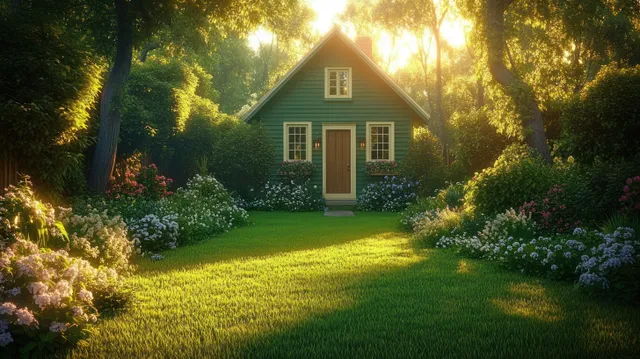 A small green house in a leafy garden with blooming flowers as sunlight streams through tall tree branches.