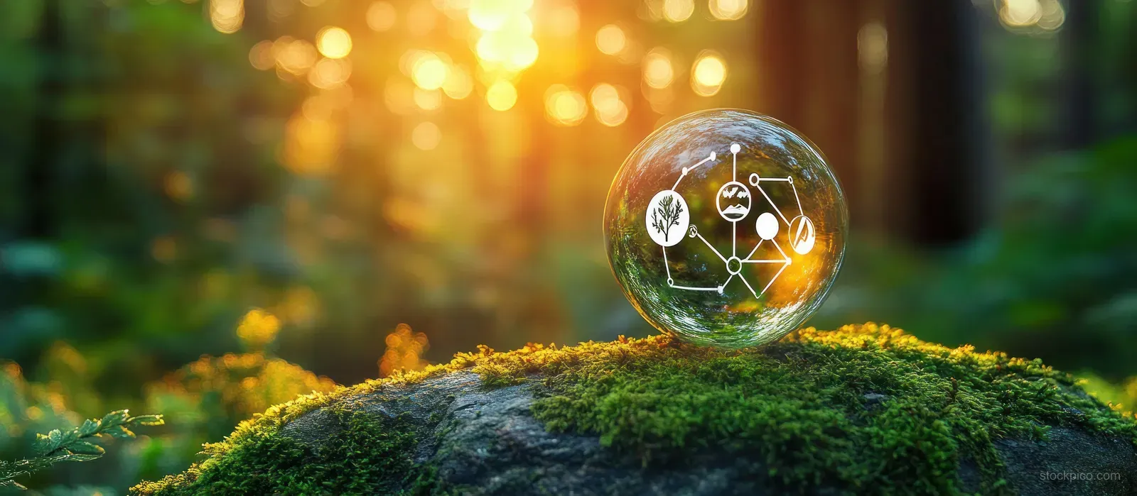 A glass sphere with eco icons rests on mossy rock while sunbeams light up a forest background.