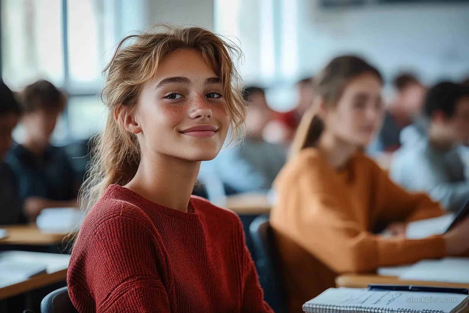 A focused college student takes notes in a lecture hall during a class session with natural light.