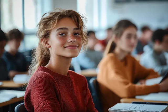 Focused college student listening in lecture hall, taking notes in soft natural light