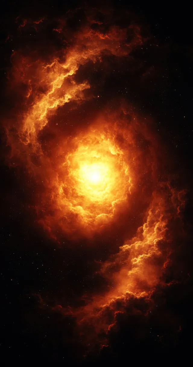 Fiery orange spiral galaxy core surrounded by red nebula clouds swirls across a dark starry background.
