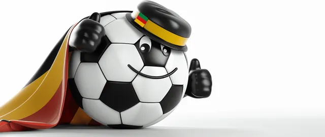Soccer ball mascot with German flag cape and top hat giving thumbs up on white with Clean Vector Like Shapes