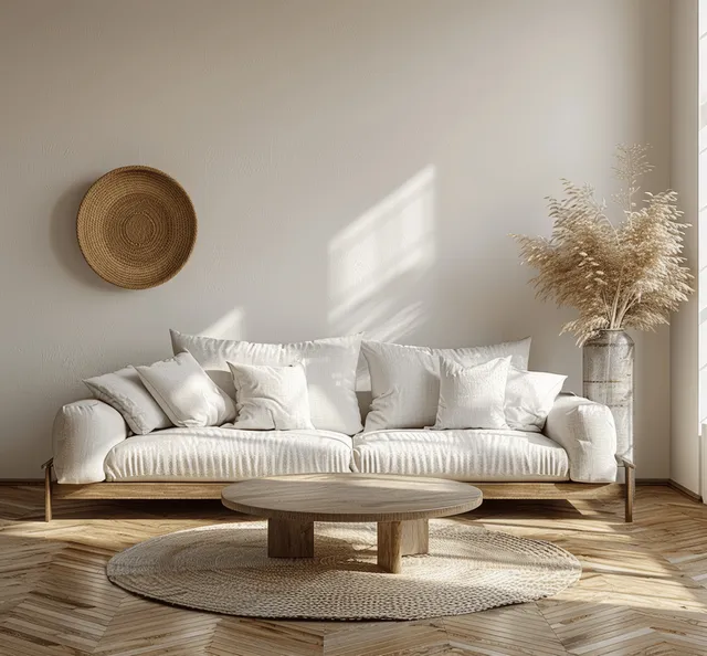 Minimal Scandinavian living room with white sofa, round wooden coffee table, and soft daylight on parquet floor.