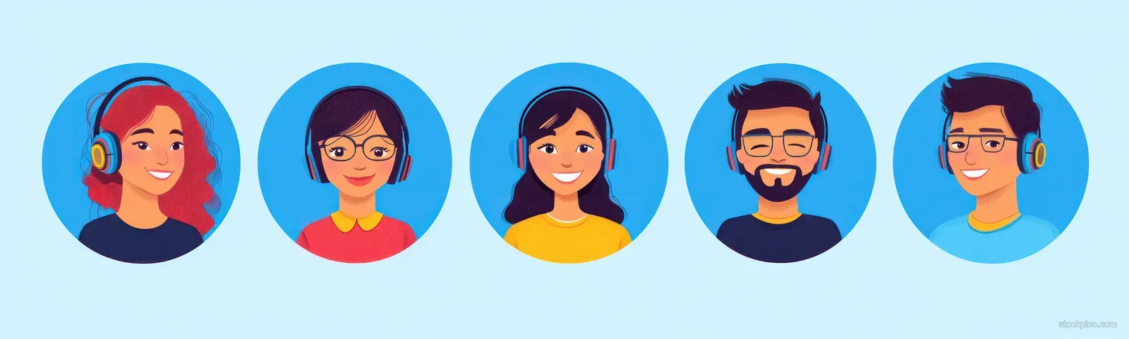 Five smiling people wearing headphones appear in separate circular frames on a blue background.