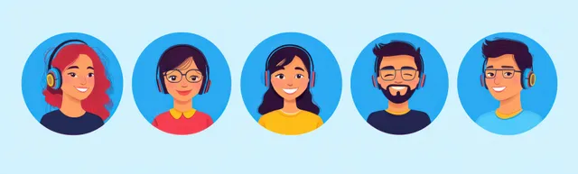 Five smiling headphone-wearing people in circular avatars on blue background