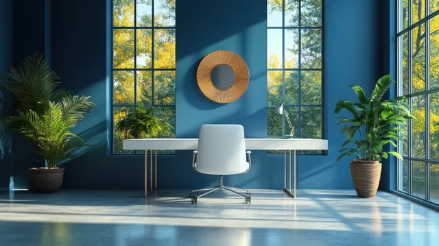 White chair beside a desk in a blue-walled office lounge with large windows and potted plants.