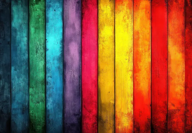 Colorful striped wood plank background with vertical panels and weathered grain texture