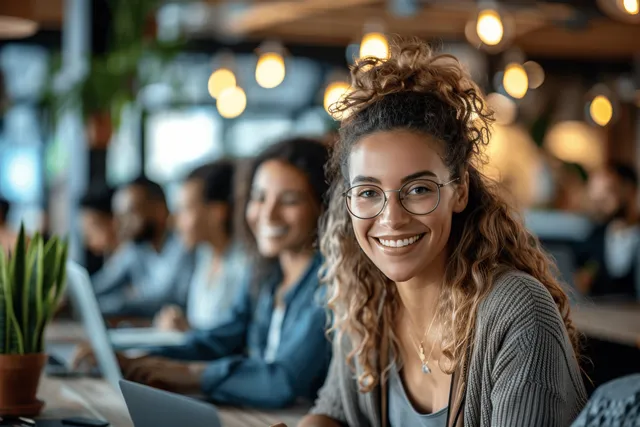 Smiling coworkers work on laptops in an open office lounge with warm blurred lights behind them.