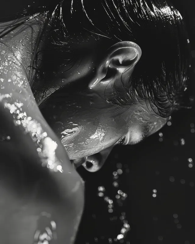 Focused female butterfly swimmer starting dive with splashing water and dramatic black-and-white lighting