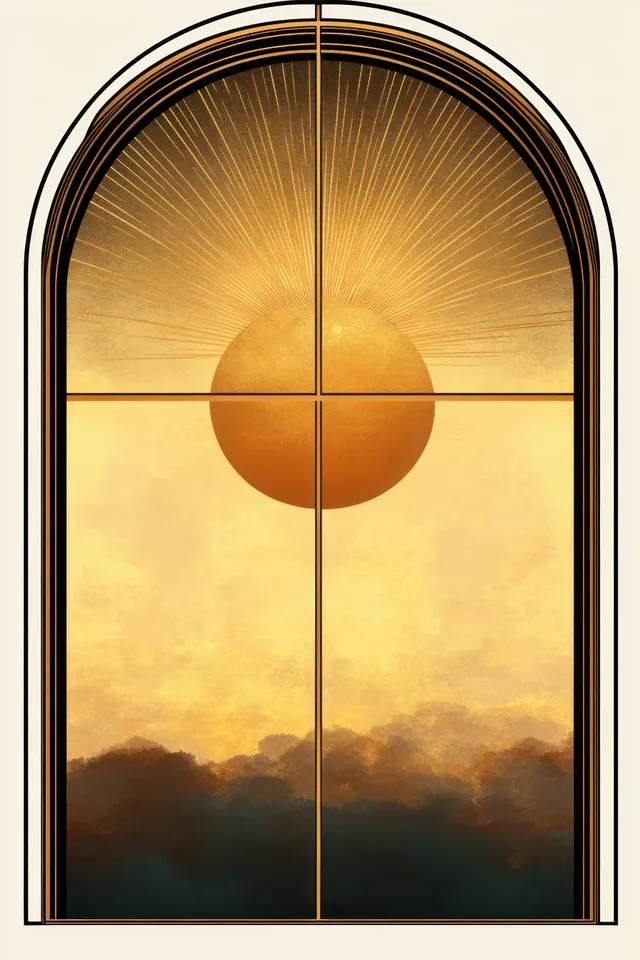 Golden sunlight streams through arched window panes, illuminating clouds below with radiant beams
