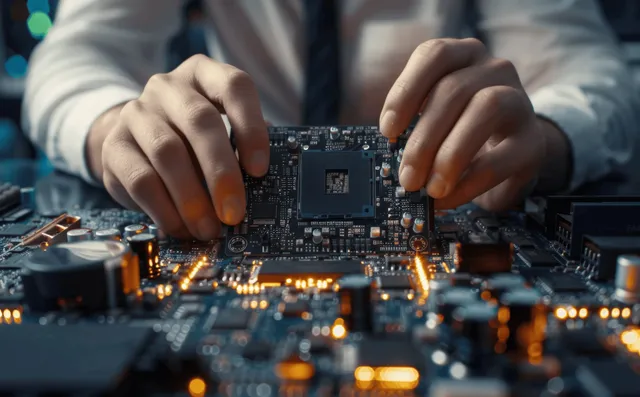 Technician hands lift a desktop motherboard component while the computer interior is open on a workbench.
