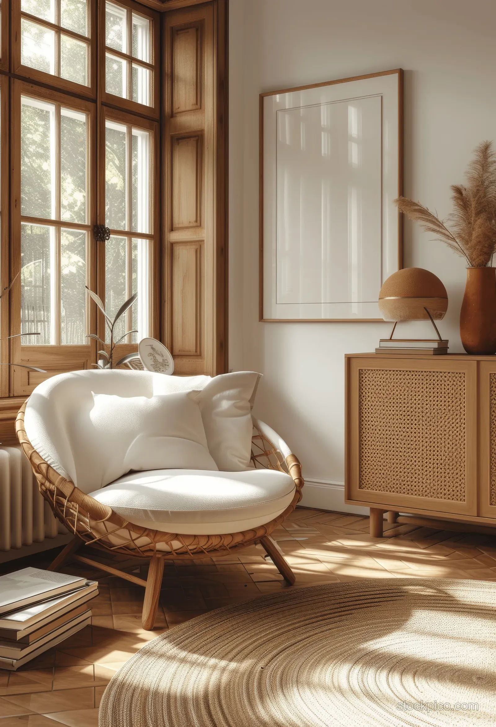 Sunlit living room interior with a white armchair, empty picture frames on the wall, and a natural wood cabinet.