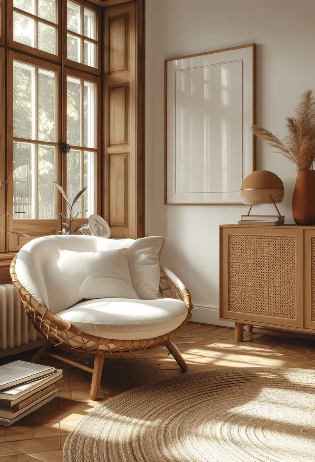 Sunlit living room interior with a white armchair, empty picture frames on the wall, and a natural wood cabinet.