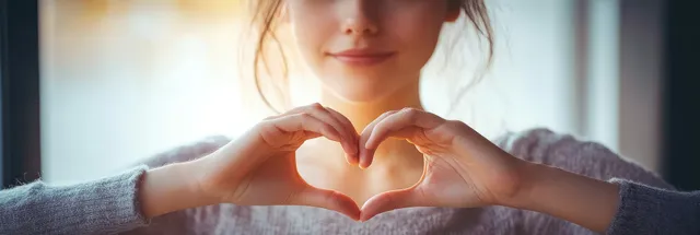 Woman forming a heart with hands by a sunlit window