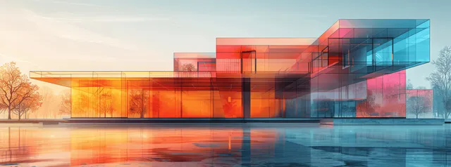 Transparent house model with holographic projection panels and symmetrical blue-orange reflections across glass.