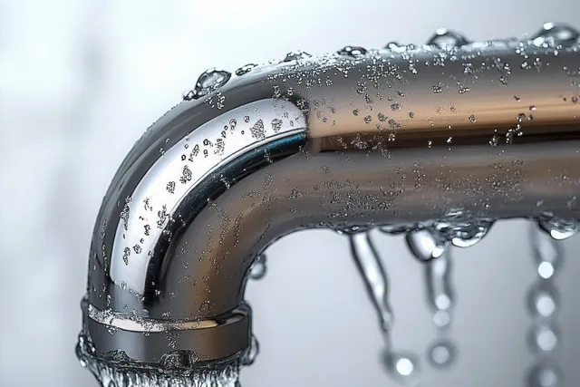 Curved metal pipe with water droplets beading on the bend and a few drops falling off