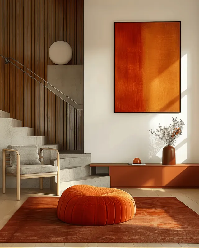 Minimalist living room corner with staircase, orange wall art, and terracotta seating under warm natural light.