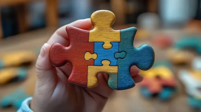 Hand holds colorful autism puzzle pieces in a therapy room with blurred toys