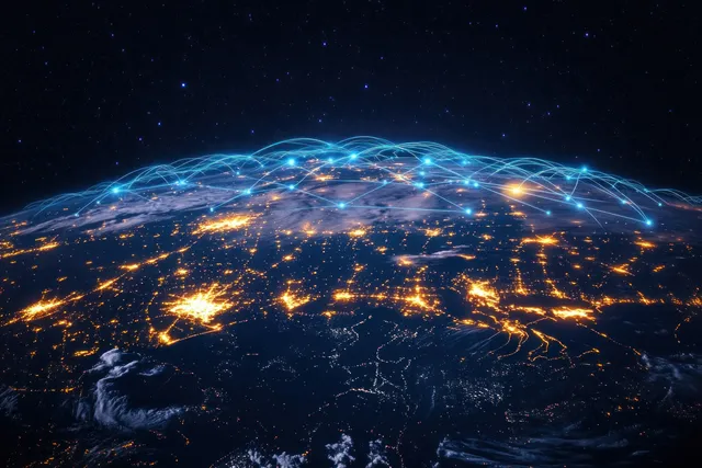 Cyberpunk Earth lit by data streams, satellites, and glowing network nodes in space