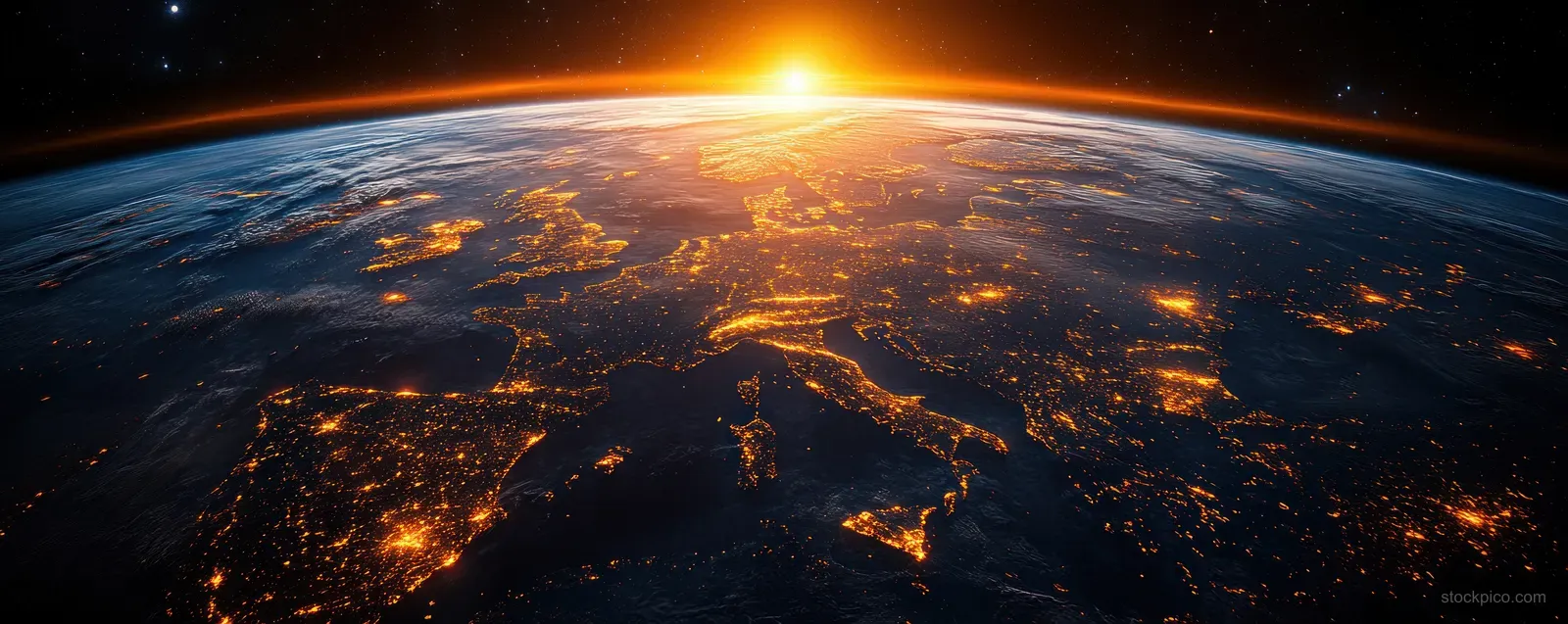 Glowing city lights outline Europe at night from an aerial perspective over a curved Earth horizon.