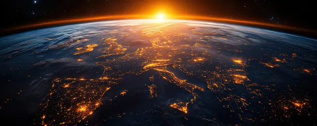 Aerial view of Europe at night with glowing city lights across the curved Earth horizon