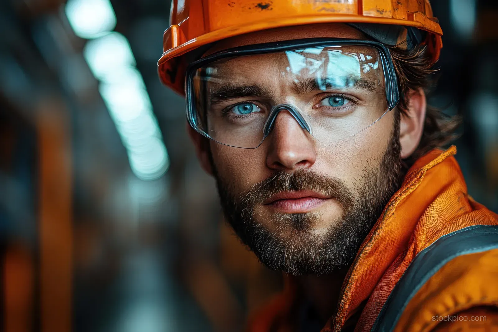 A worker in an orange hard hat and glasses watches the camera in a factory workshop with safety gear visible.