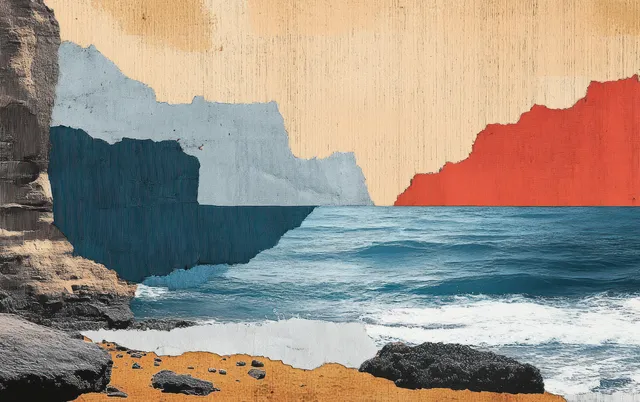 Torn-paper collage depicts a rugged coastline with cliffs, ocean waves, and distant mountain shapes in earthy colors.