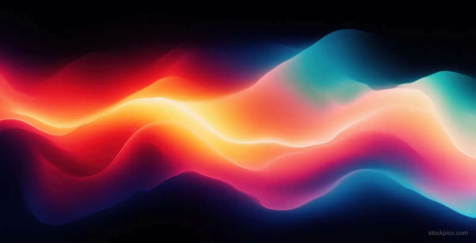 Abstract neon wave gradient background with teal and orange glowing curves over dark tones.