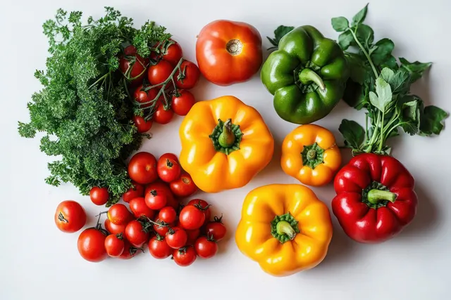 Colorful peppers and tomatoes with fresh herbs arranged on white flat lay