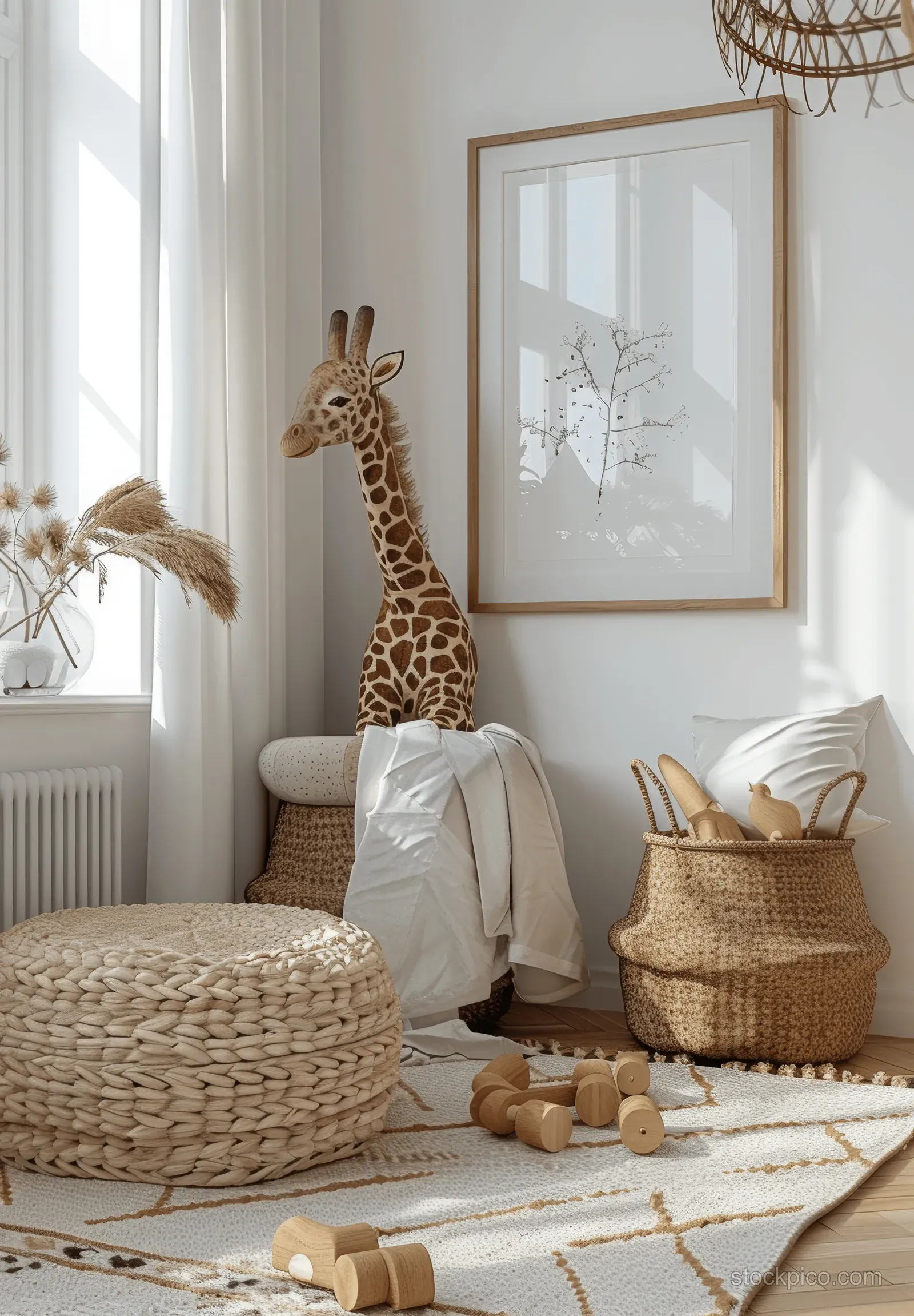 Scandinavian kids room corner with framed wall mockup, giraffe toy, woven baskets, and soft window light.