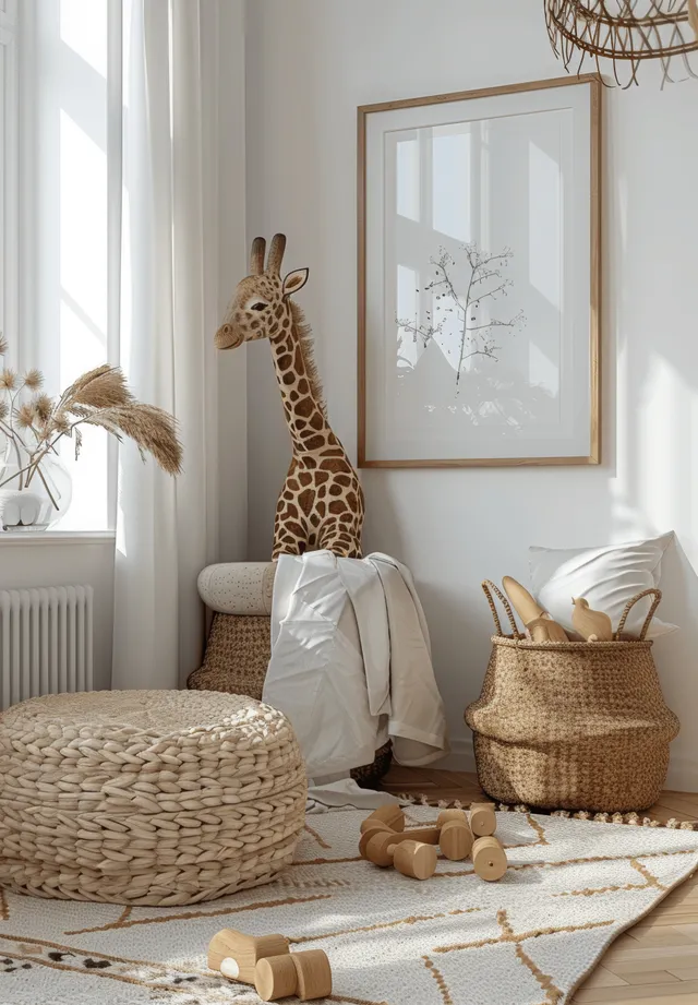 Scandinavian kids room corner with framed giraffe toy and natural woven basket by window light