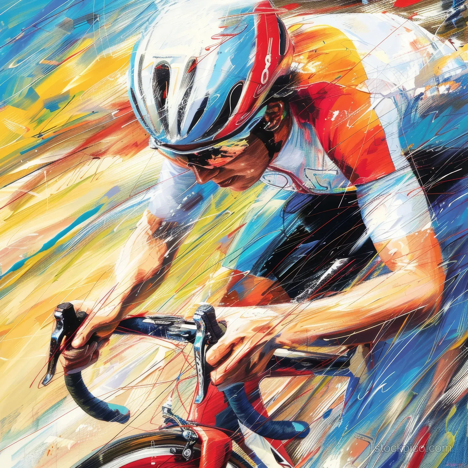 A stylized British female cyclist in red and white races forward amid colorful motion-blur strokes.