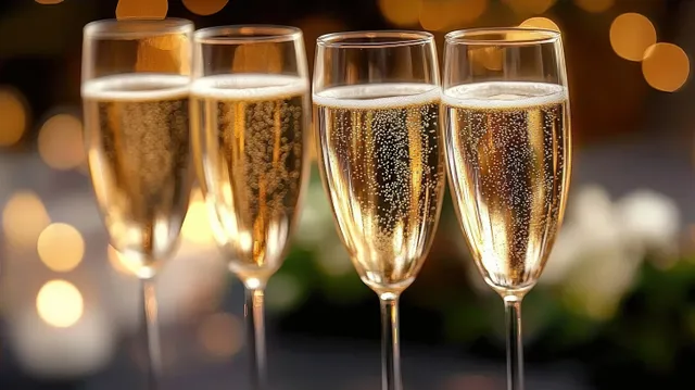 Four champagne flutes filled with sparkling drink with warm golden festive lights blurred in the background.