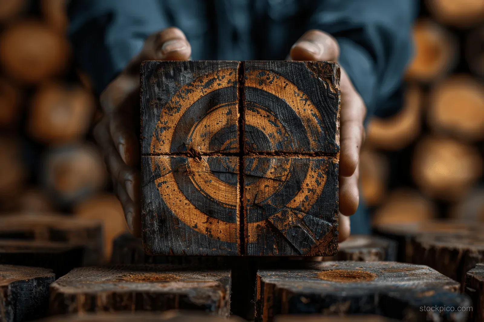 A businessman holds a wooden target-marked block above stacked crates, suggesting goal planning and progress.