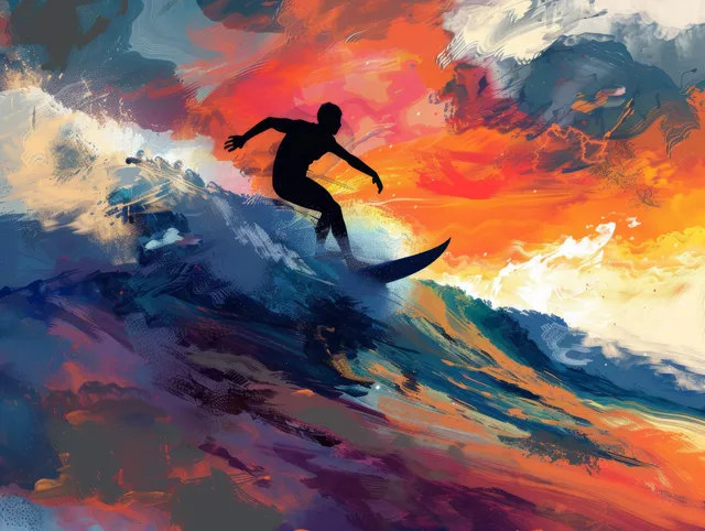 Silhouetted surfer carving a cresting wave against a fiery orange sunset sky with spray trailing behind.