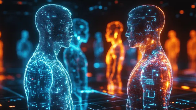 Two glowing digital humanoid holograms face each other with blue and orange data points in a sci-fi network scene.