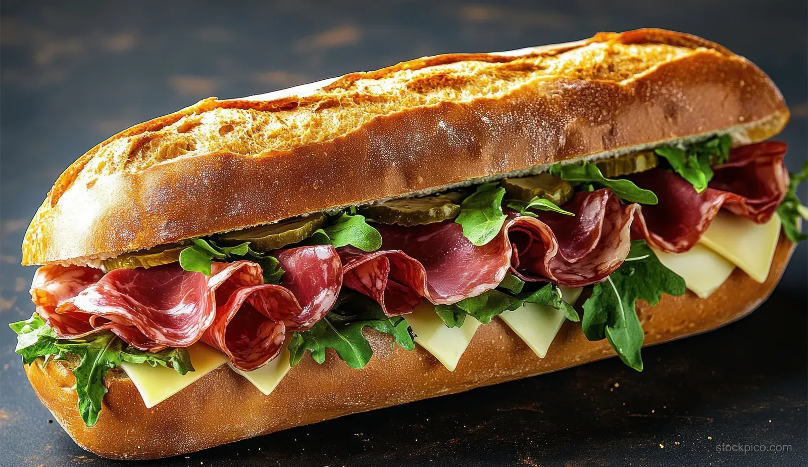 Crusty sandwich with layered cured meat, cheese, greens, and pickles on a dark background.