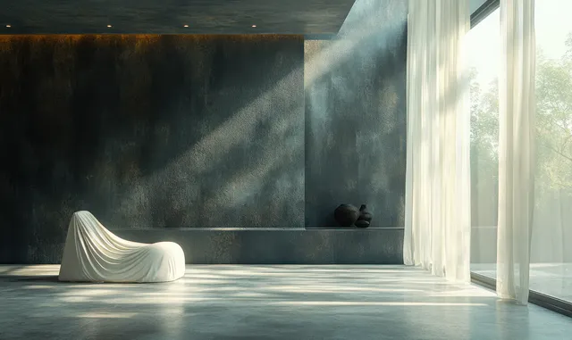 A minimalist lounge interior with a dark wall, sheer curtains, and a low sofa under soft ambient lighting.