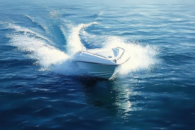 White speedboat races across deep blue water, creating foamy splashes and a sweeping wake in sunlight.