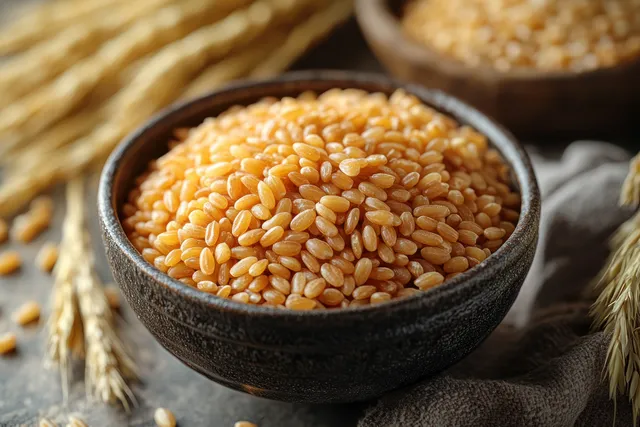 Cooked buckwheat grains in small dark bowl, natural light overhead on gray background
