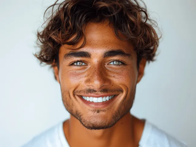Smiling Indian man with curly hair and clean teeth shown in a closeup portrait isolated on a white background.