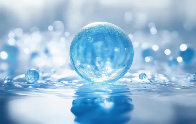 Blue serum droplet on a reflective surface with small bubbles and soft blurred lights behind it.