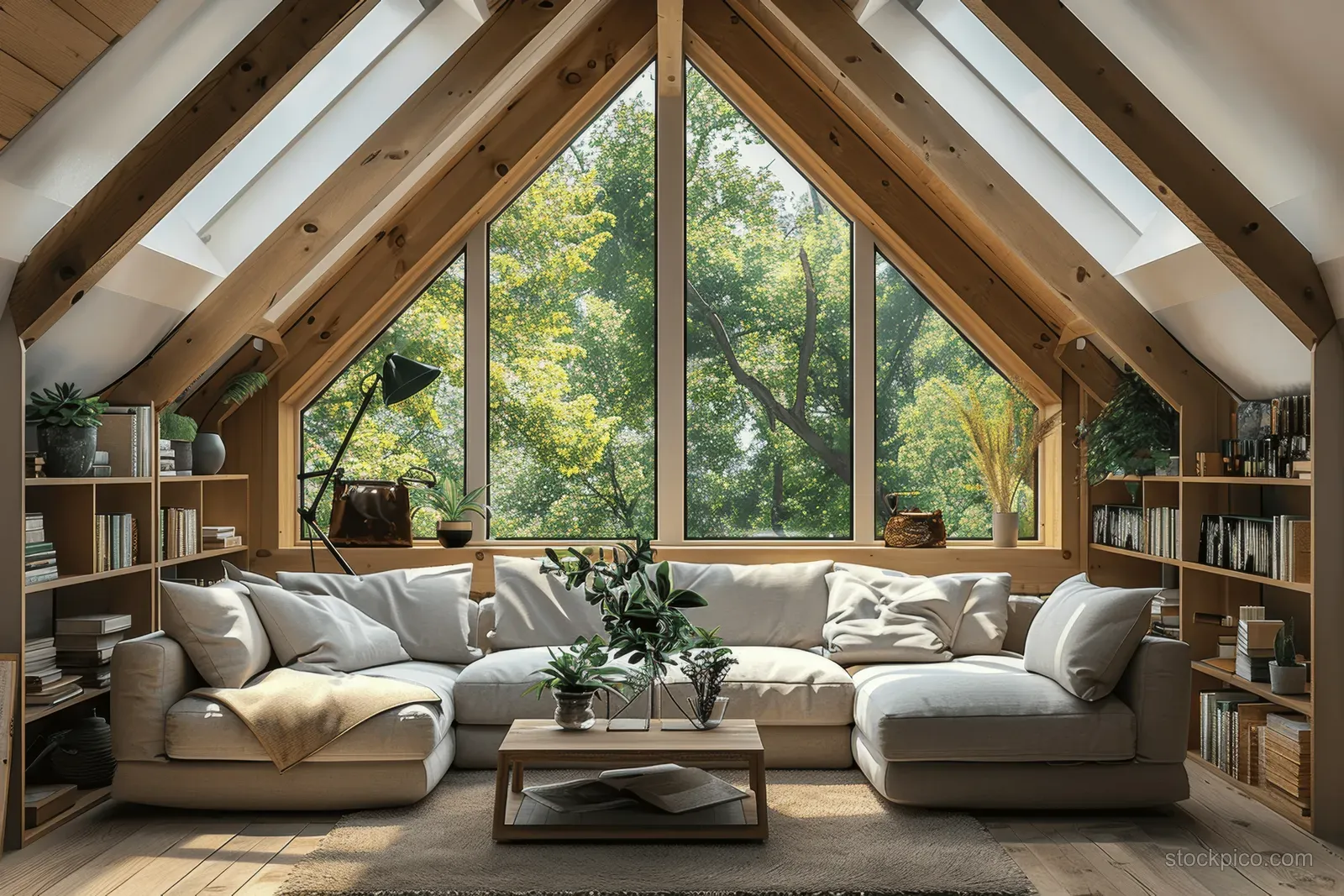 Scandinavian attic living room with a light sofa, wooden shelves, plants, and skylight windows revealing green trees.